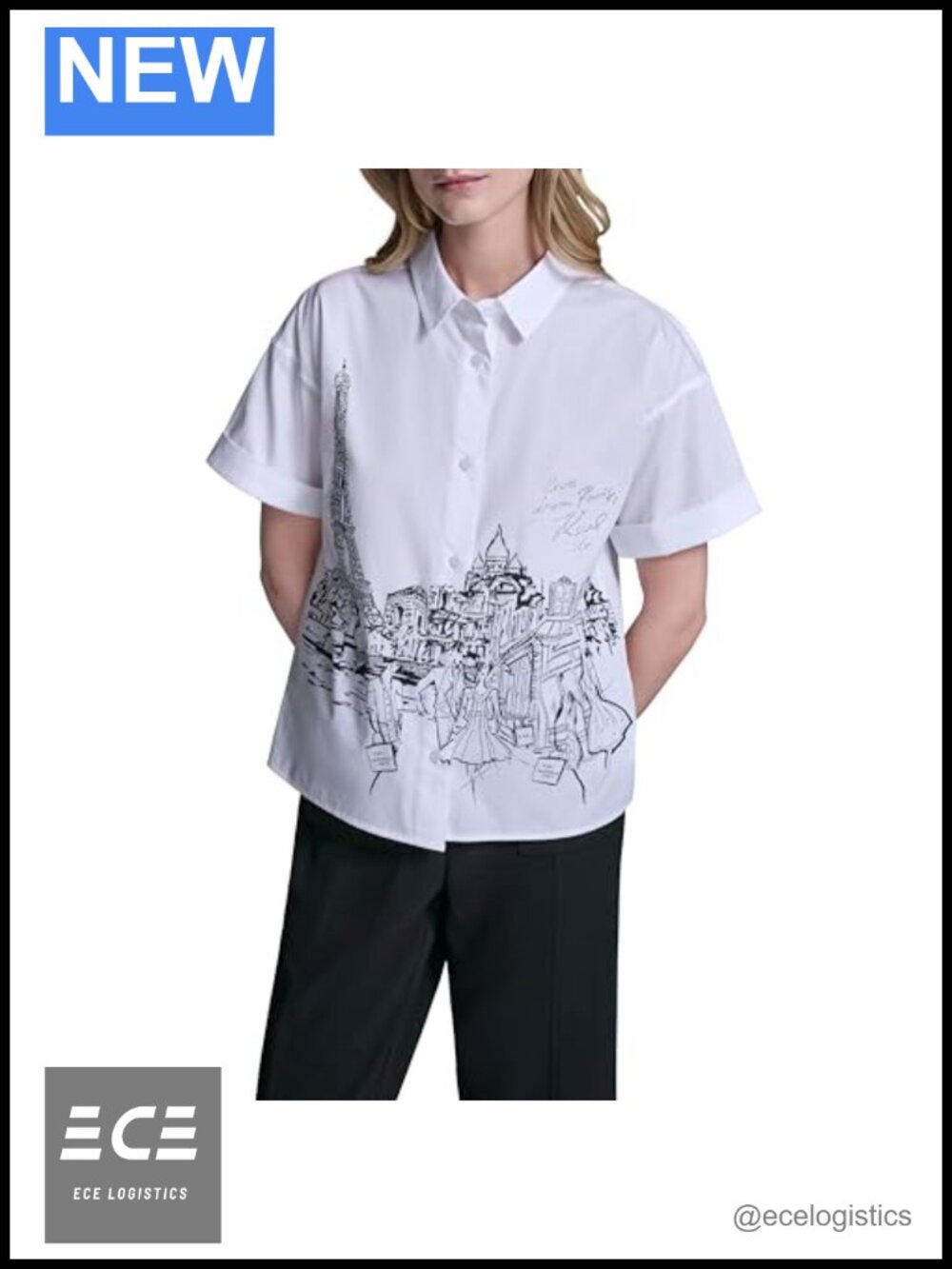 Karl Lagerfeld Whimsical Paris Scene Trendy Blouse - Relaxed Fit Cap Sleeve